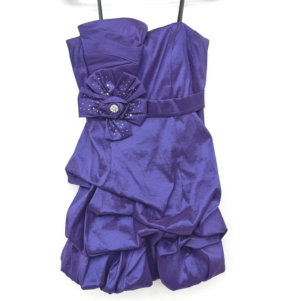 City Triangles Strapless Bubble Hem Rhinestone Flower Dress Women 9 Purple